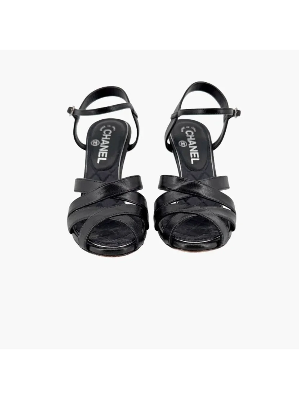 Chanel Black Leather Crystal CC Strappy Heeled Sandals Shoes Size 37 US 6–6.5